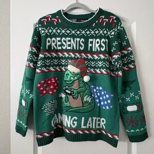 33 Degrees Dinosaur Christmas Sweater Gamer Ugly  Green L Holiday Cottagecore